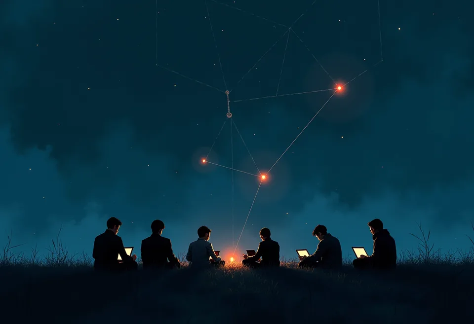 Mehrere Menschen sitzen abends an verschiedenen Orten, verbunden durch Lichtfäden